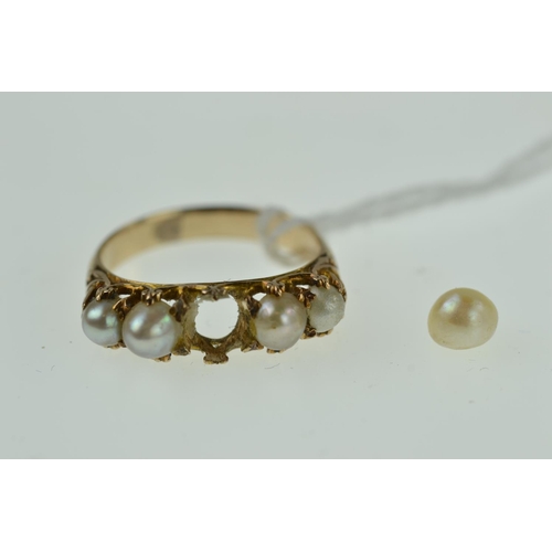 405 - Yellow metal & pearl ring, size L, tests postive for 9ct gold, one pearl loose