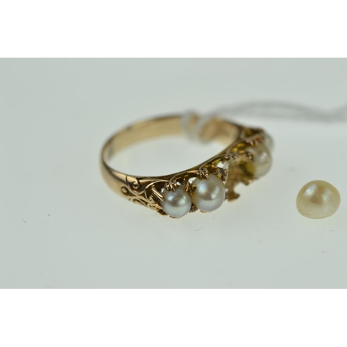 405 - Yellow metal & pearl ring, size L, tests postive for 9ct gold, one pearl loose