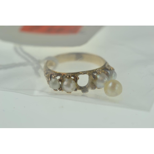 405 - Yellow metal & pearl ring, size L, tests postive for 9ct gold, one pearl loose