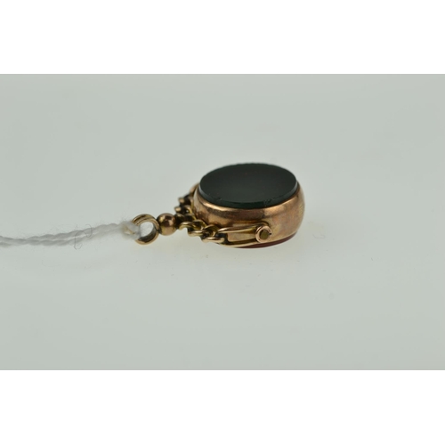 413 - 9ct gold & hardstone swing fob