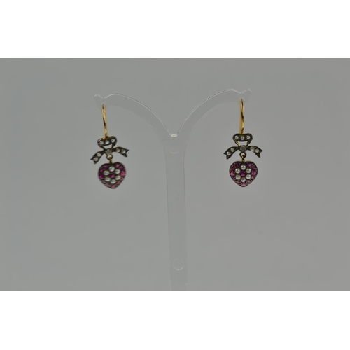 416 - Pair of ruby, diamond & pearl pendant earrings, hook fittings