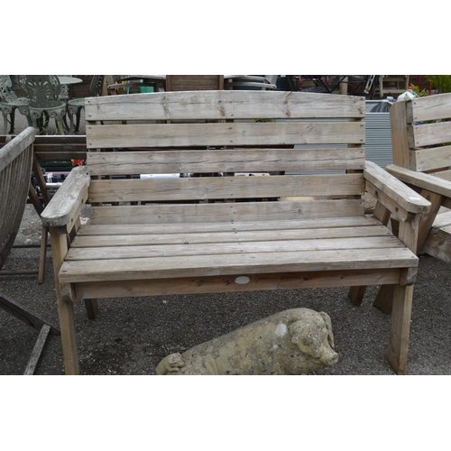 113 - Soft wood garden seat. Width 136 CM. Height 98 CM. Appears structurally sound