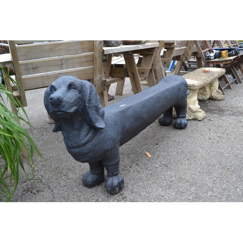 119 - Large decorative fibre glass Dachshund seat. Length 146 CM. Seat height 42 CM.