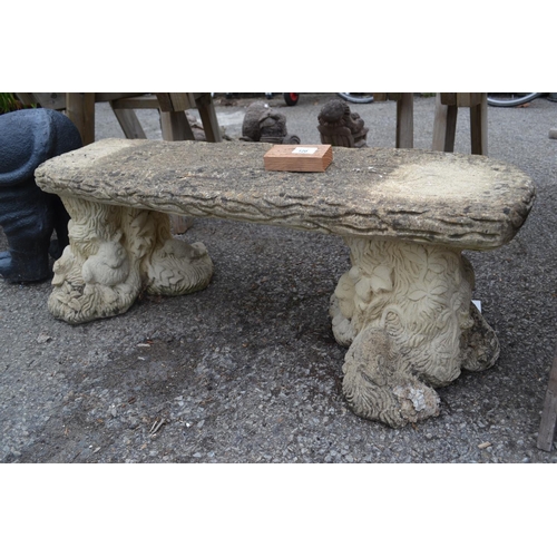 120 - Concrete garden bench decorated with dormice & rabbits. Length 1 M. height 34 CM.