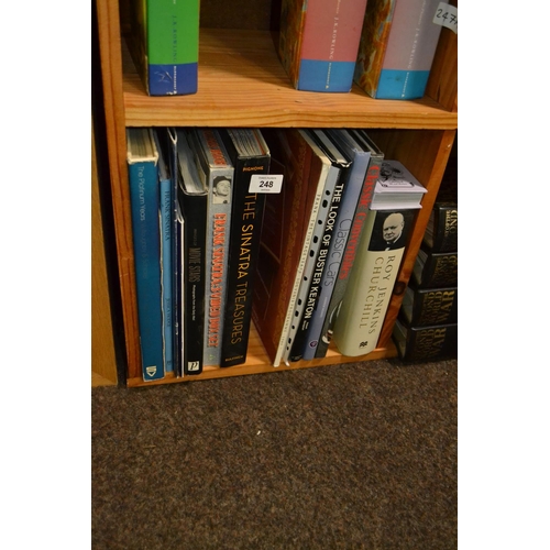 248 - Shelf of mostly hard back books, Classic Cars, Sinatra Treasures, Buster Keaton, Churchill
