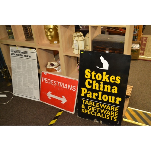 257 - 5 metal signs, advertising, Allen Garden Sweepers, regulations & 2 x pedestrians