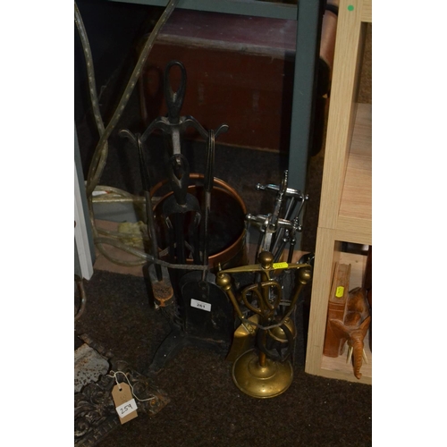 261 - 3 sets of fireside companions & copper ash bucket