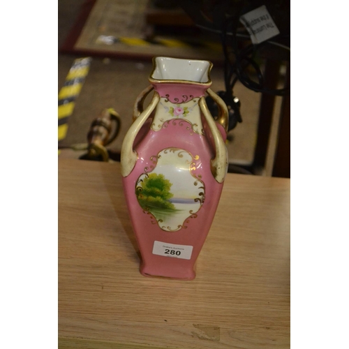 280 - Noritake pink ground & painted vase. 22cm high