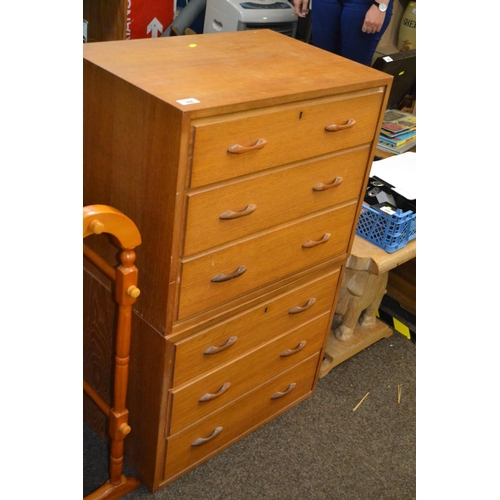 288 - Pair of mid century three drawer bedside units, 48cm high, 59cm wide, 41cm deep