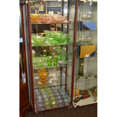 381 - All shelves in cabinet collection of Art Deco mostly coloured glass