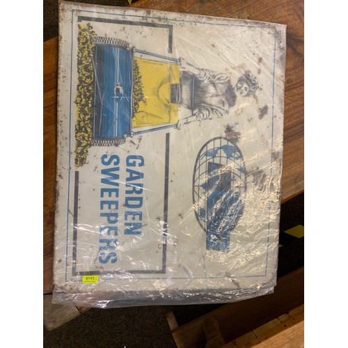 257 - 5 metal signs, advertising, Allen Garden Sweepers, regulations & 2 x pedestrians