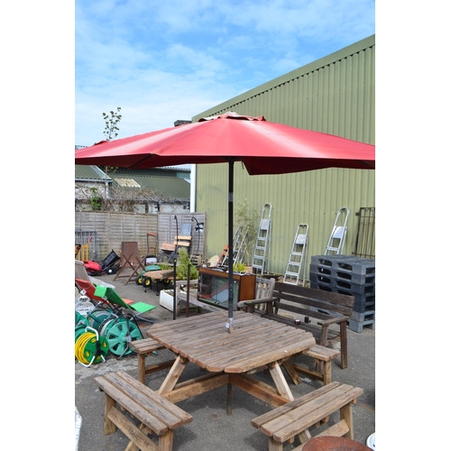 84 - Large 8 seater (pub style) picnic table with umbrella, table 110cm across