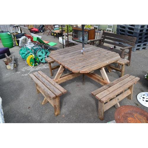 84 - Large 8 seater (pub style) picnic table with umbrella, table 110cm across