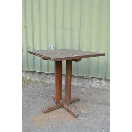 94 - Square wooden garden table, 70cm square, wear and tear to varnish