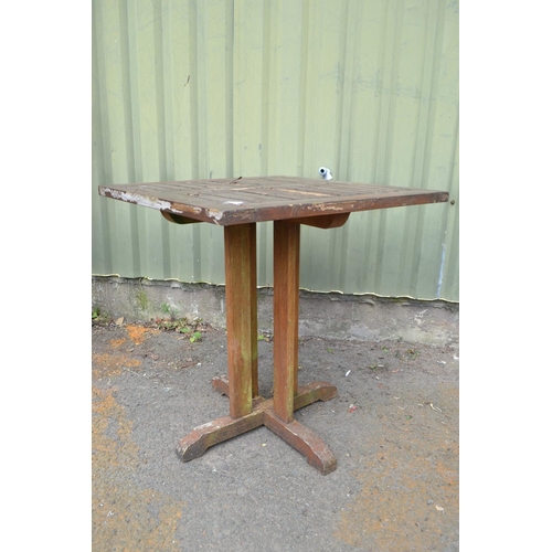 96 - Square wooden garden table, 70cm square, wear and tear to varnish