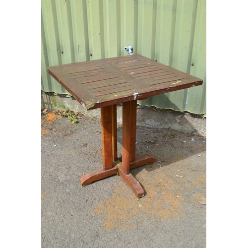 97 - Square wooden garden table, 70cm square, wear and tear to varnish