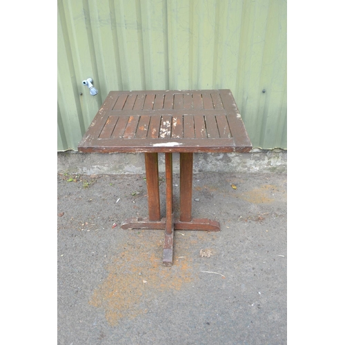 98 - Square wooden garden table, 70cm square, wear and tear to varnish