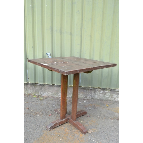 98 - Square wooden garden table, 70cm square, wear and tear to varnish