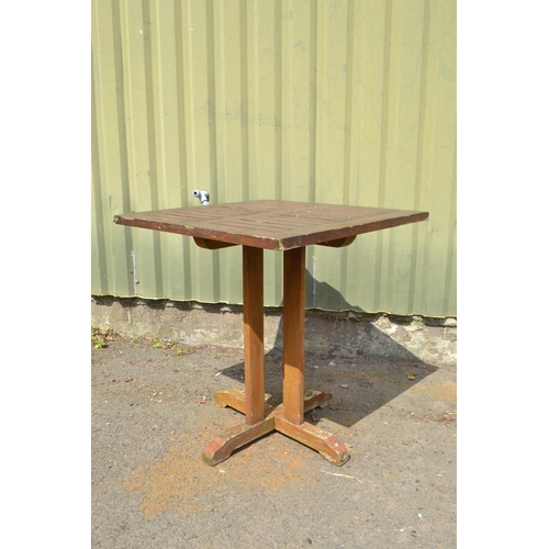 99 - Square wooden garden table, 70cm square, wear and tear to varnish