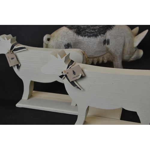 340 - Collection of wooden animal ornaments. Length of Pig 41cm