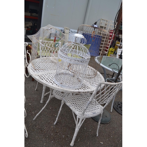 167 - Cast aluminium white painted lattice topped circular pedestal garden table & two chairs, table diame... 