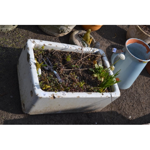 67 - Belfast sink with plant contents, L62cm x H28cm x D42cm