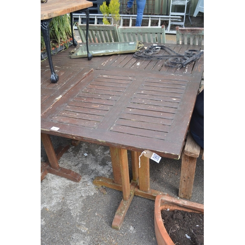 95 - Square wooden garden table, 70cm square, wear and tear to varnish