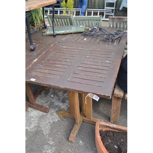 96 - Square wooden garden table, 70cm square, wear and tear to varnish