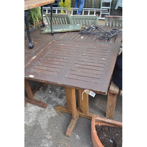 97 - Square wooden garden table, 70cm square, wear and tear to varnish