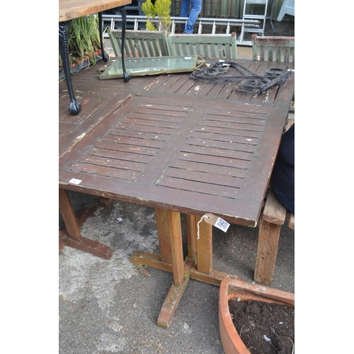 98 - Square wooden garden table, 70cm square, wear and tear to varnish