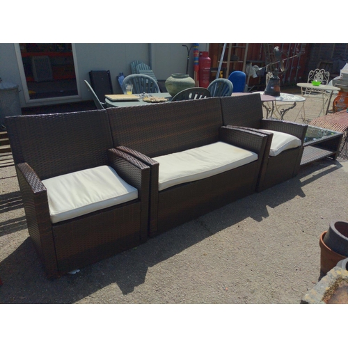 69 - Garden rattan style sofa, 2 chairs & coffee table