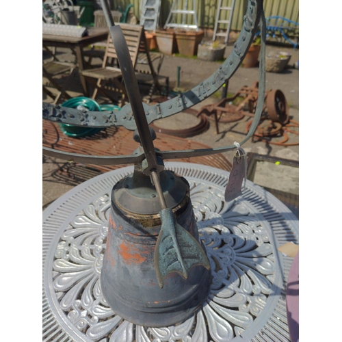 77 - Bronze equatorial sundial, mounted on pot. Broken arm to dial.