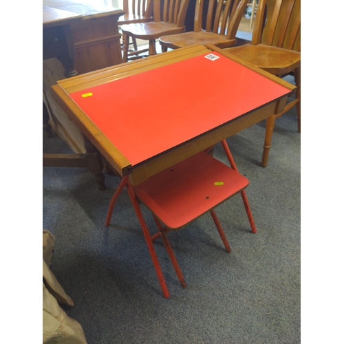 437 - Vintage children's desk and stool with chalkboard inside desk lid.