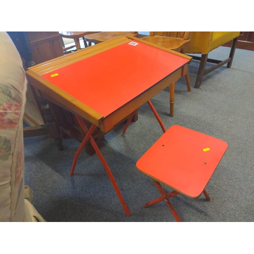 437 - Vintage children's desk and stool with chalkboard inside desk lid.