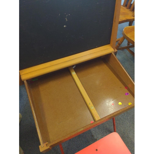 437 - Vintage children's desk and stool with chalkboard inside desk lid.