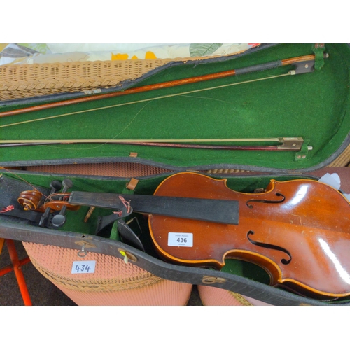 436 - Violin marked Joannes Baptist Havelar, Wein, 1928 in case with 2 bows.