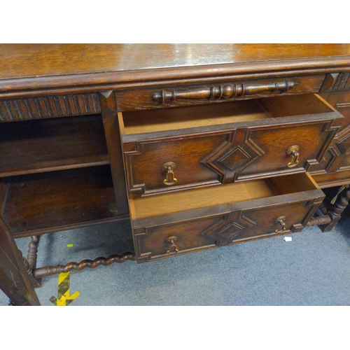 521 - Early art deco mirror backed oak sideboard with barley twist supports  w151cm x d50cm.