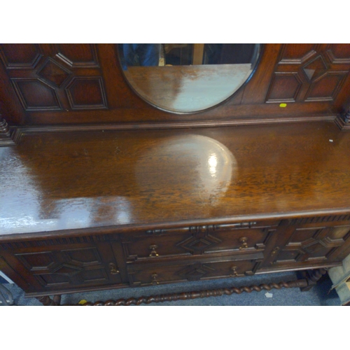 521 - Early art deco mirror backed oak sideboard with barley twist supports  w151cm x d50cm.