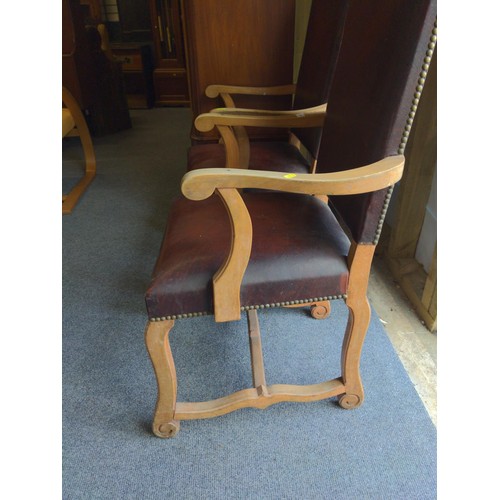 579 - Beech framed Leather upright carver chairs x 2