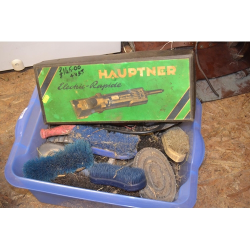 122 - Large box of horse brushes plus Hauptner set of horse clippers in good working order.