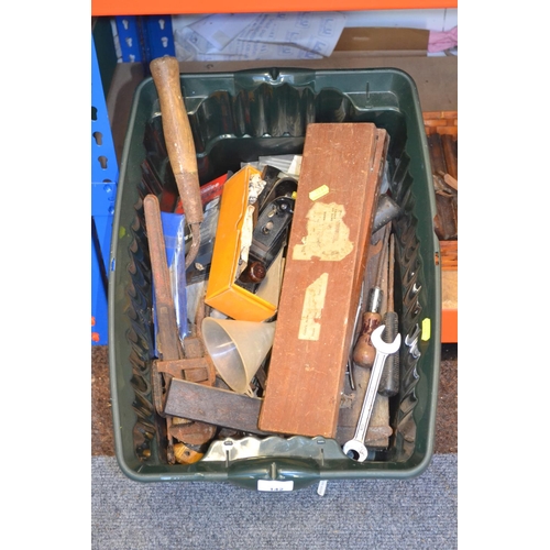 142 - Box of various well weathered tools including hammer, spanners and a Stanley no.22 plane.