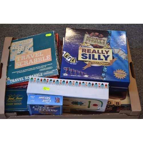 164 - Box of various board games including Travel Scrabble and The Last Straw.