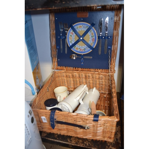 188 - Wicker picnic basket with two piece dinner set and two thermal flasks