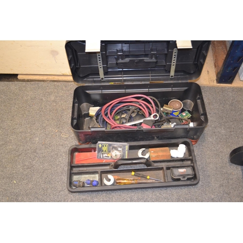 195 - Stanley tool box with selection of cables and small amount of tools