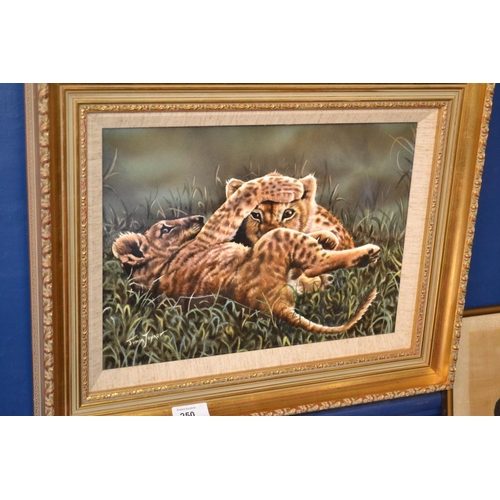 250 - Framed lion cub plaque by Clermont Fine China 47cm x 38cm