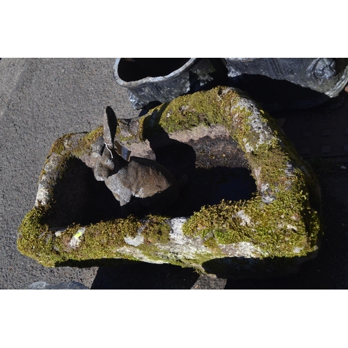 3 - Asymmetrical granite trough, with lead-plugged drain hole. L88cm w49cm h36cm. Also includes hare fig... 