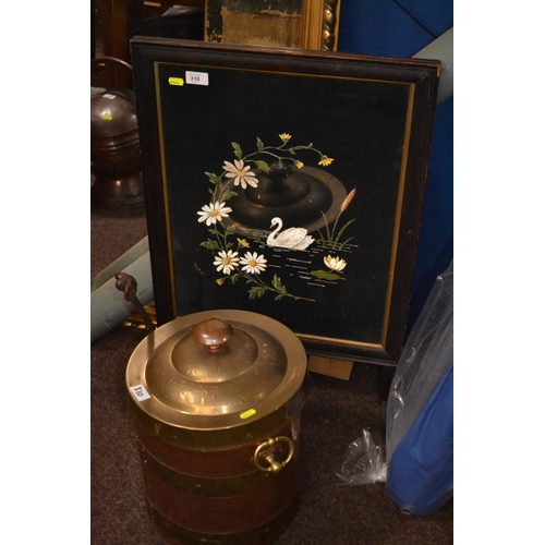 310 - Embroidered fire screen. H77cm + copper & brass coal scuttle & companion inc. poker.