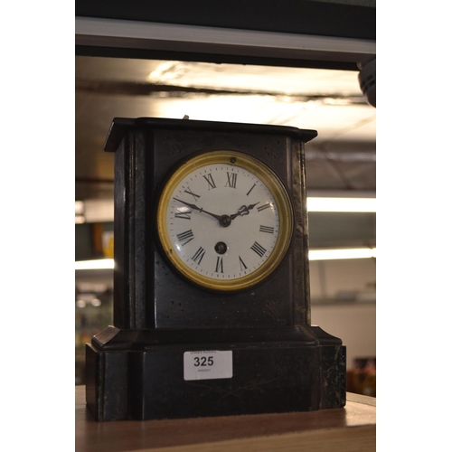 325 - Slate and marble mantle clock with enamel face. H23cm