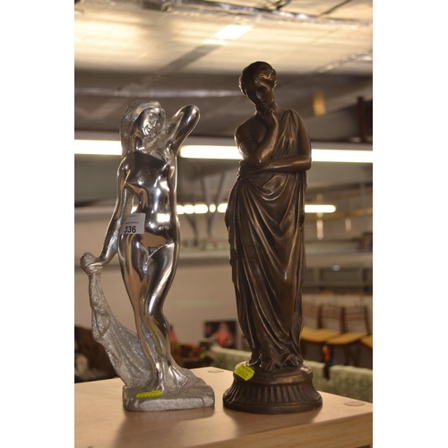 336 - Cast metal female figure & bronzed classical figure h34cm