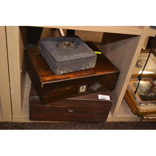 340 - 2 hardwood Jewellery boxes & 1 other HM silver decorated. Some restoration needed.